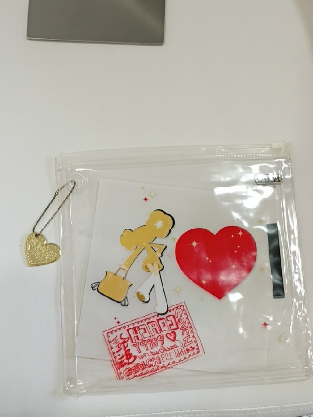Coach Poppy Chan Clear Pouch with Red Heart and Yellow Character